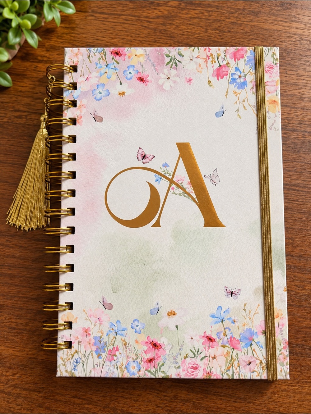 Monogram 'A' Floral Spiral Journal - Gold Accent